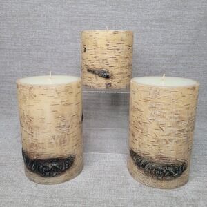 Pottery Barn Birch Bark Pillar Wax Candles Set of 3 Rustic Cabin Farmhouse Decor